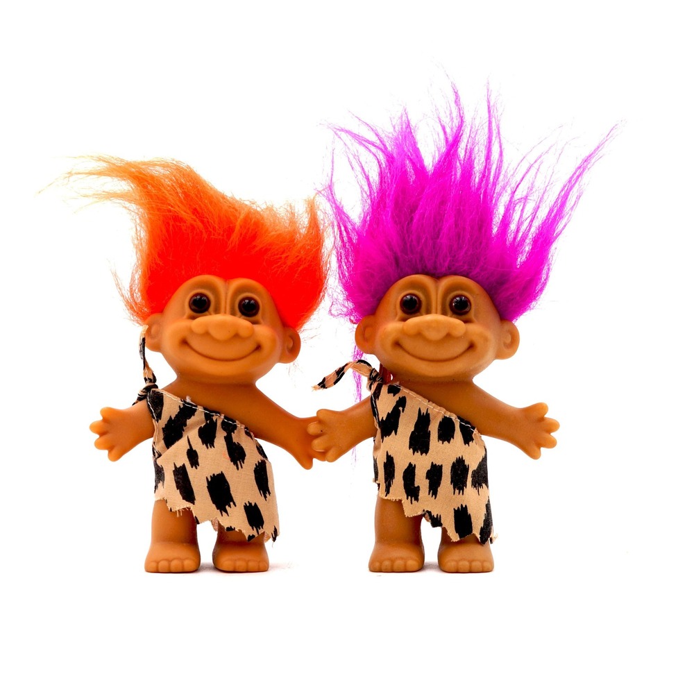 Vtg Russ Berrie‎ Caveman Troll Dolls Pair 1990s Neon Hair Purple Orange 5" 90s